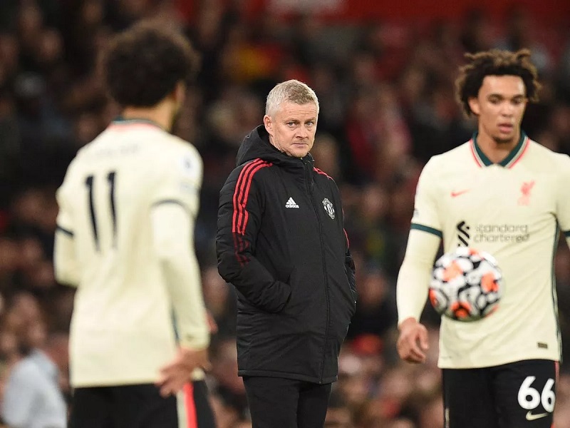Ole Gunnar Solskjaer looks on from the touchline during a 5-0 loss to Liverpool